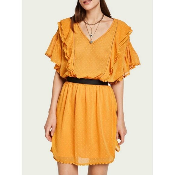 💕SCOTCH & SODA💕 Dotted Lace Ruffled Pom-Pom Dress ~ Yellow Medium NWOT - Picture 6 of 14